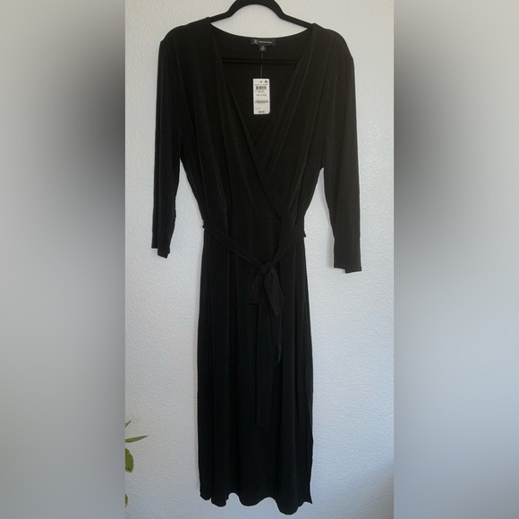 INC International Concepts Black Faux Wrap Midi Dress Flattering waist belt tie - Picture 5 of 12